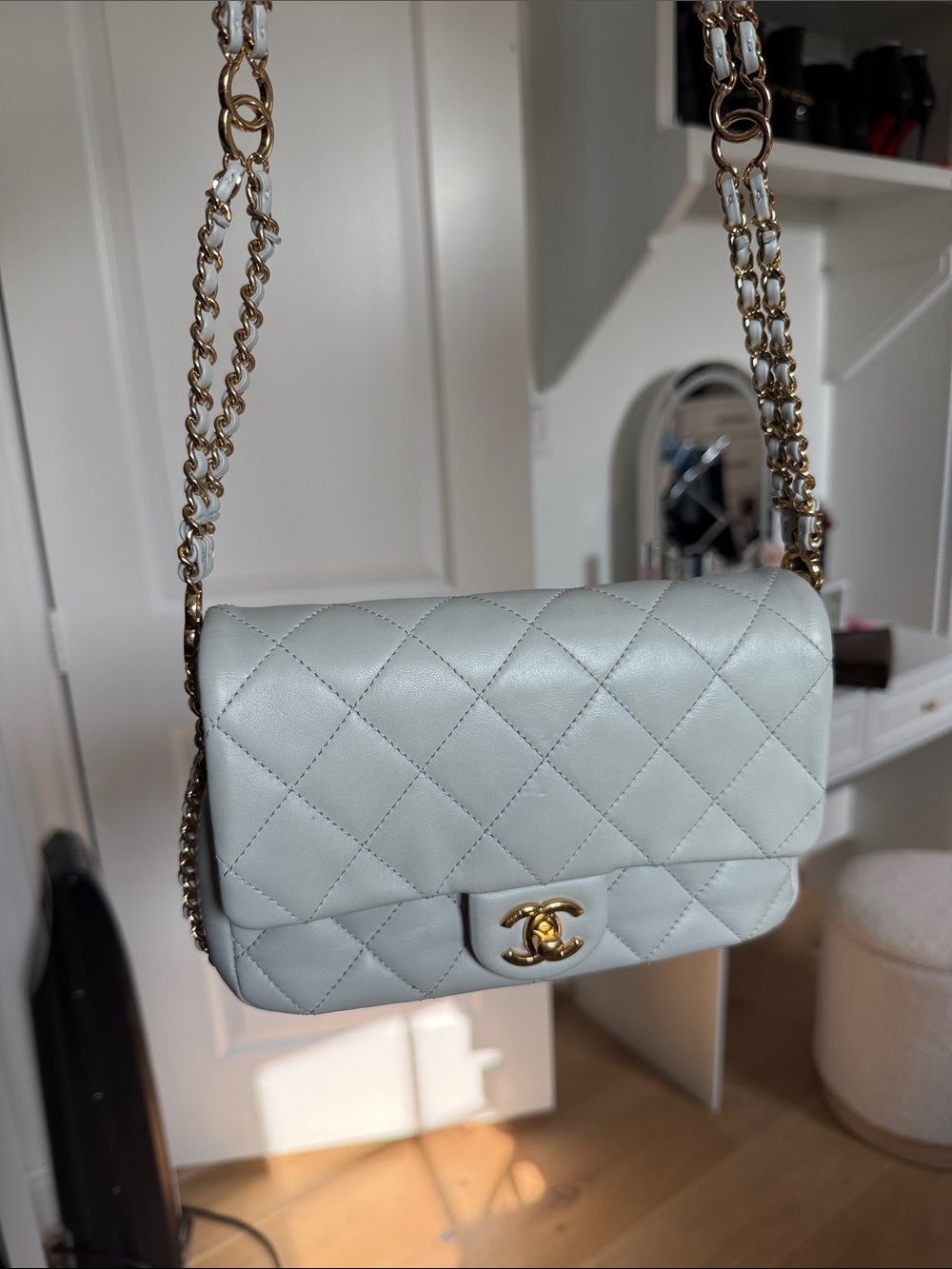 CHANEL Light Blue Quilted Leather Crossbody Bag with Gold Hardware - Picture 2 of 15